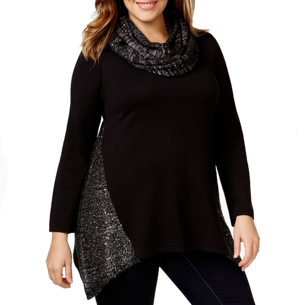 Style & Co. Plus Size Sequined-Scarf Sweater BLACK